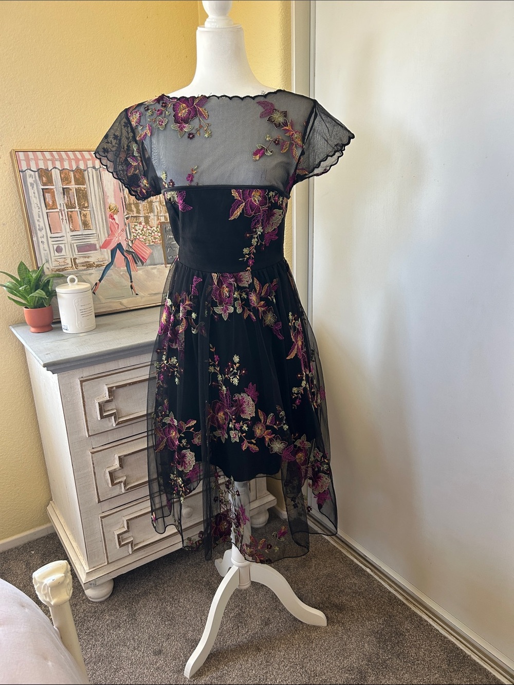 Tatyana Black Midi Dress with Purple Floral Embroidery